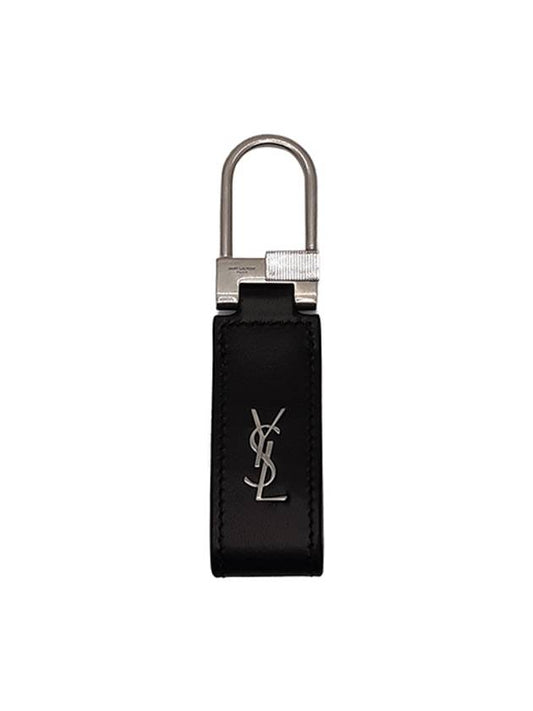 Silver Hardware Mini Monogram Leather Key Holder Black - SAINT LAURENT - BALAAN 2