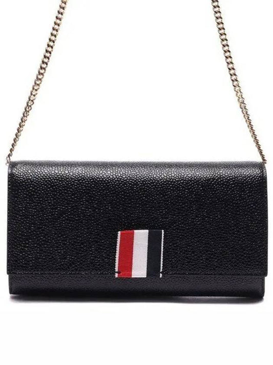 Pebble Grain Leather Wide RWB Grosgrain Flap Chain Long Wallet Black - THOM BROWNE - BALAAN 2