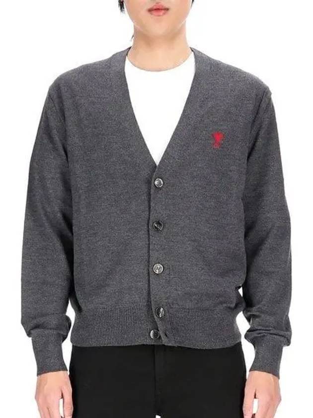 Red Heart Logo Merino Wool Cardigan Heather Grey - AMI - BALAAN 2