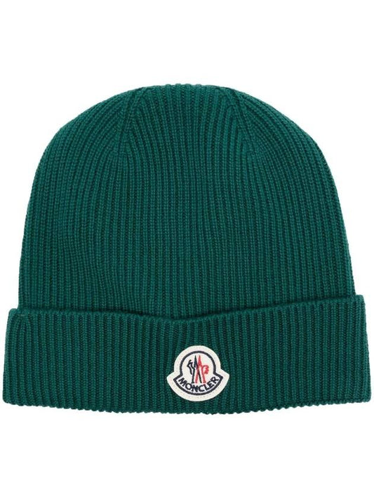 Logo Patch Wool Beanie Green - MONCLER - BALAAN.