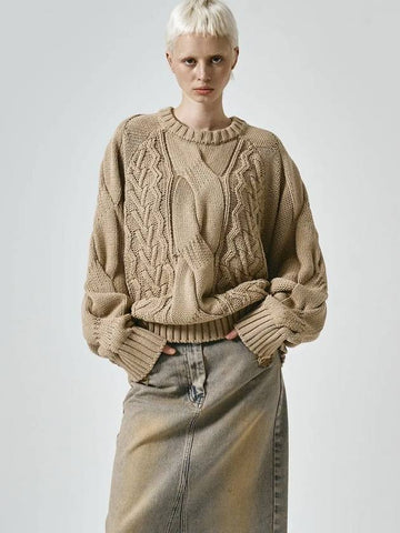 Heavy Multi Cable Knit Top Beige - NOIRER FOR WOMEN - BALAAN 1