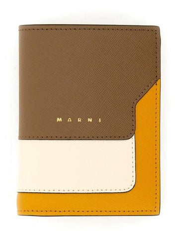 Saffiano Leather Color Block Half Wallet Brown - MARNI - BALAAN 1