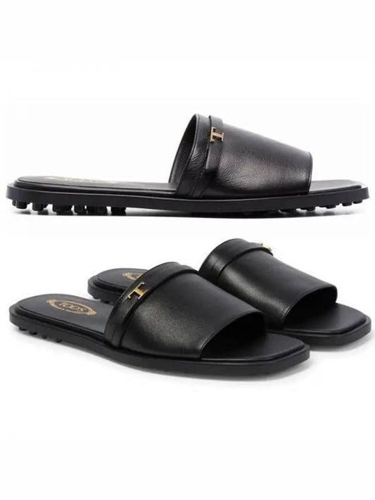 T Logo Open Toe Leather Slippers Black - TOD'S - BALAAN 2