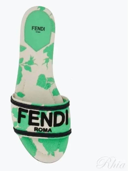 Rose Print Embroidered Logo Canvas Slide Slippers Green - FENDI - BALAAN 2