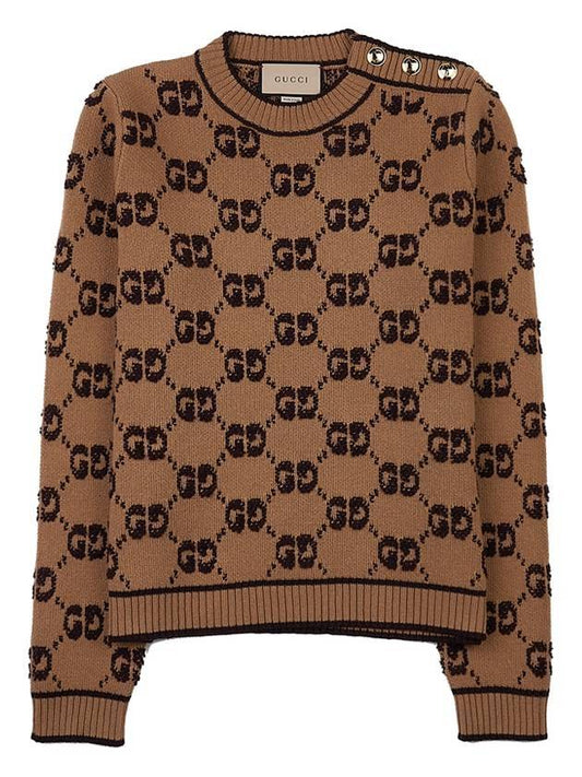 GG Bouclé Jacquard Crew Neck Wool Knit Top Camel - GUCCI - BALAAN 1