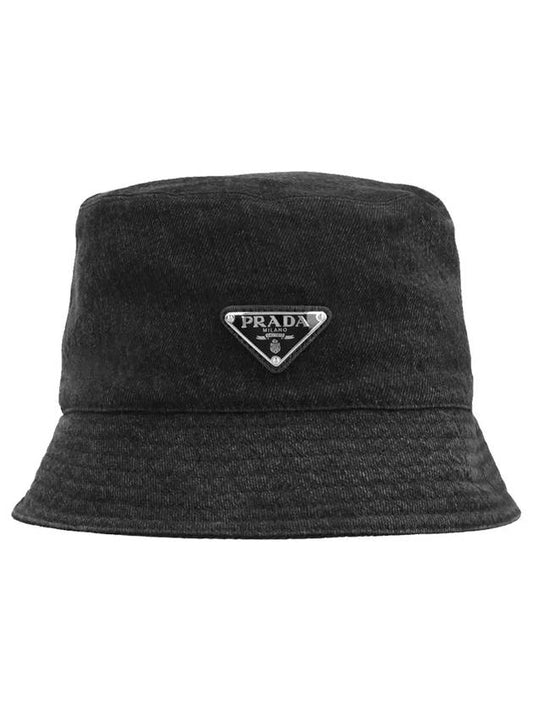 Triangle Logo Denim Bucket Hat Black - PRADA - BALAAN.