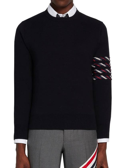 diagonal silk stripe crew neck knit top navy - THOM BROWNE - BALAAN.