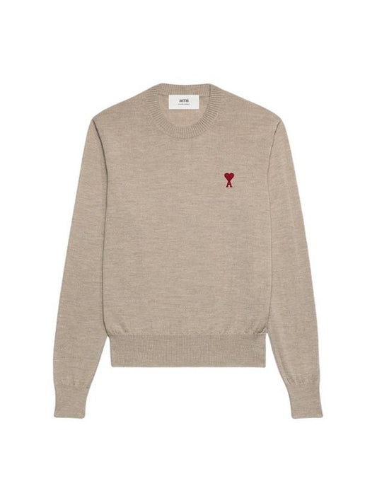 Heart Embroidered Logo Crew Neck Knit Top Beige - AMI - BALAAN 2