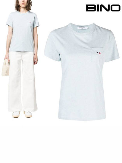 Tricolor Fox Patch Classic Pocket Short Sleeve T-Shirt Blue Melange - MAISON KITSUNE - BALAAN 2