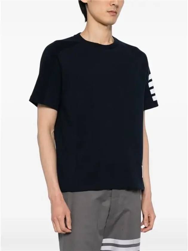 4-Bar Striped Cotton Short Sleeve T-Shirt Navy - THOM BROWNE - BALAAN 4