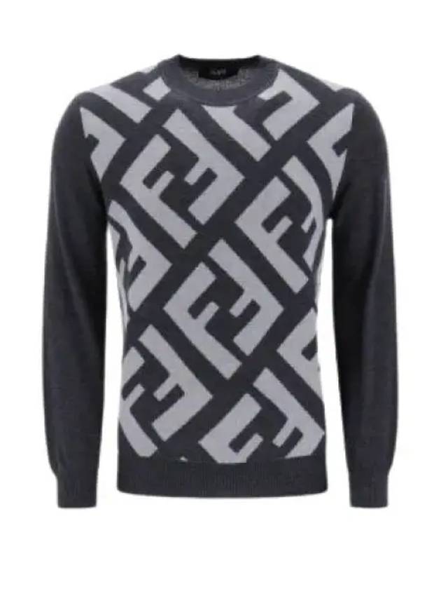 Monogram Jacquard Wool Crewneck Knit Top Grey - FENDI - BALAAN 2