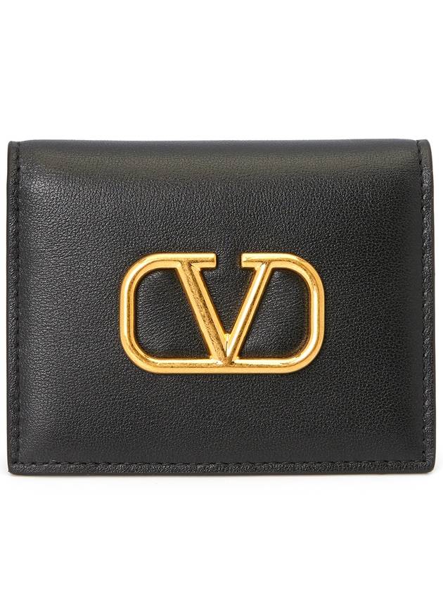 V Logo Signature Leather Card Wallet Black - VALENTINO - BALAAN 2