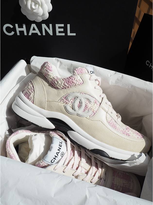 CC Logo Cotton Tweed Suede Calfskin Low Top Sneakers Pink Ecru - CHANEL - BALAAN 3