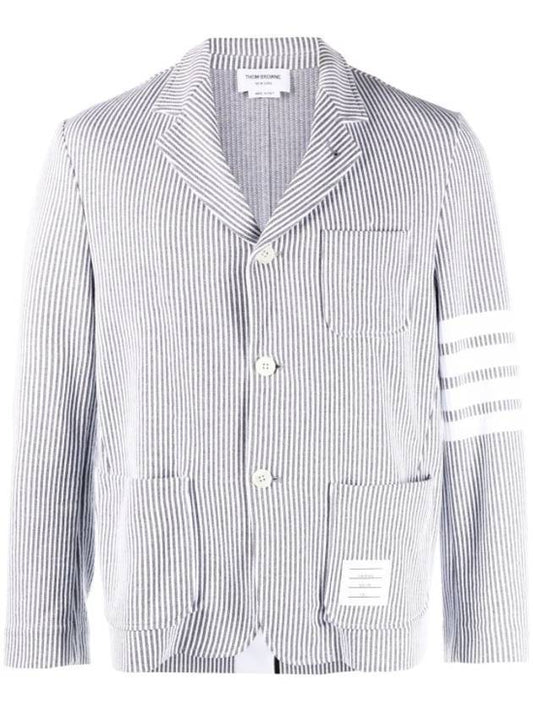 Men's 4 Bar Seesucker Loopback 4 Bar Sack Cardigan Grey - THOM BROWNE - BALAAN.