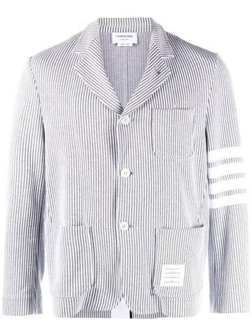 Men's 4 Bar Seesucker Loopback 4 Bar Sack Cardigan Grey - THOM BROWNE - BALAAN 1