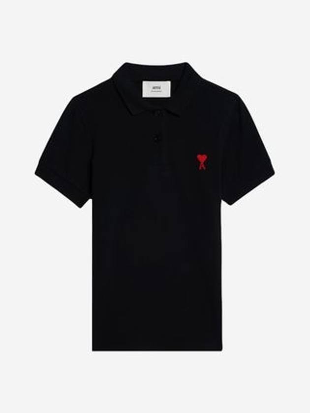 Embroidered Heart Logo Short Sleeve Polo Shirt Black - AMI - BALAAN 2