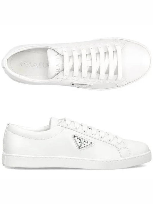 triangle logo brushed leather low-top sneakers white - PRADA - BALAAN 2