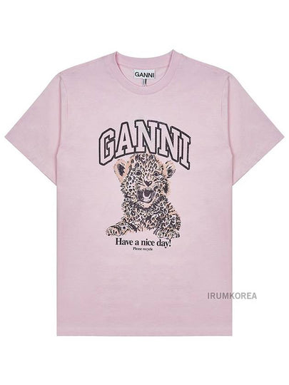 Leopard Print Cotton Short Sleeve T-Shirt Pink - GANNI - BALAAN 2