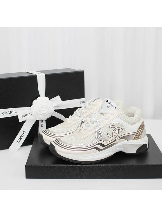 Women CC Logo Fabric Laminated Low Top Sneakers Silver Ivory - CHANEL - BALAAN 2