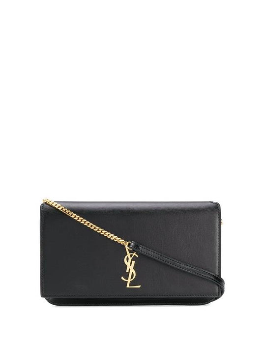 Gold Monogram Phone Holder Crossbody Bag with Strap in Smooth Leather Black - SAINT LAURENT - BALAAN 2