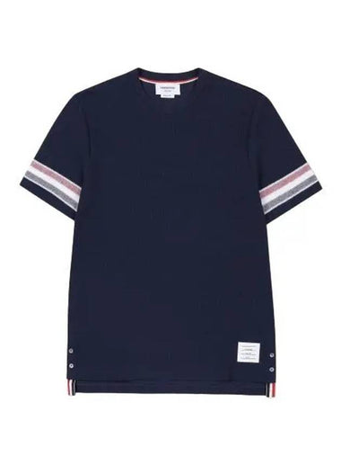 Textured cotton striped short sleeve t shirt navy - THOM BROWNE - BALAAN 1