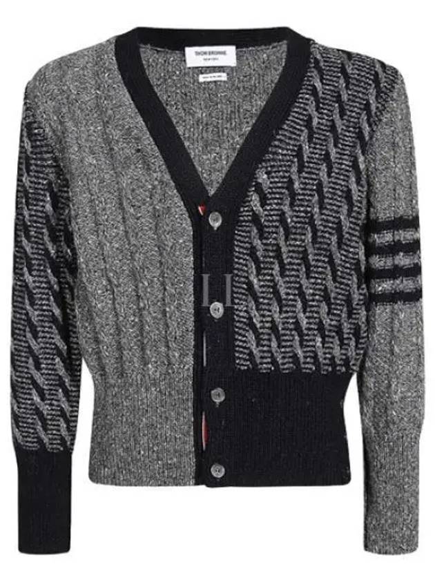 Funmix Donnyroll Cable 4 Bar V-Neck Cardigan Medium Grey - THOM BROWNE - BALAAN 2