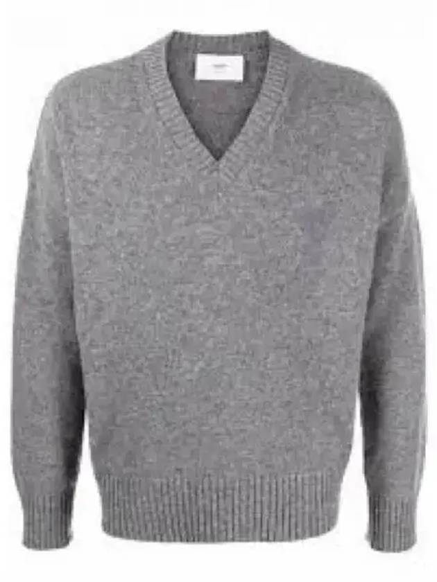 Men's Heart Logo V-Neck Cashmere Knit Top Grey - AMI - BALAAN 2