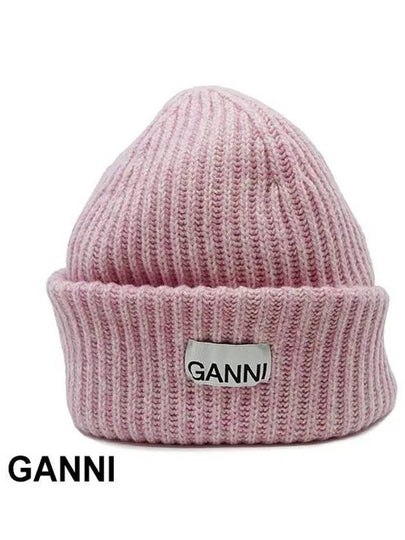 Logo Patch Knit Beanie Pink - GANNI - BALAAN 2