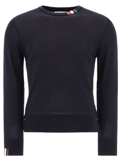 Intarsia Stitch Crew Neck Merino Wool Knit Top Navy - THOM BROWNE - BALAAN 2