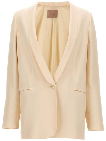 Beige Single-Breasted Jacket With Shawl Neckline In Linen Blend Woman - TWINSET - BALAAN 1