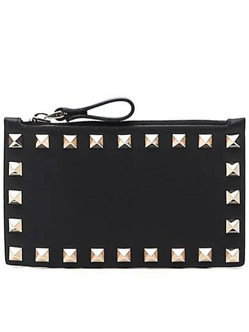 Rockstud Zipper Card Wallet Black - VALENTINO - BALAAN 1