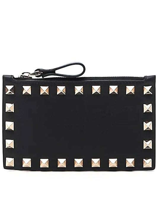 Rockstud Zipper Card Wallet Black - VALENTINO - BALAAN.