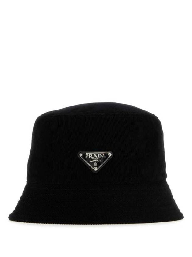 Triangle Logo Corduroy Bucket Hat Black - PRADA - BALAAN 3