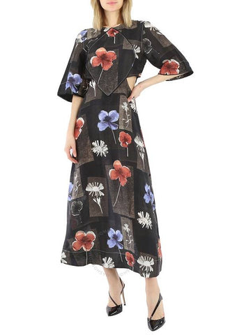 GANNI Women Maxi Silk Dress Flowers Black, Size 38 - GANNI - BALAAN 1