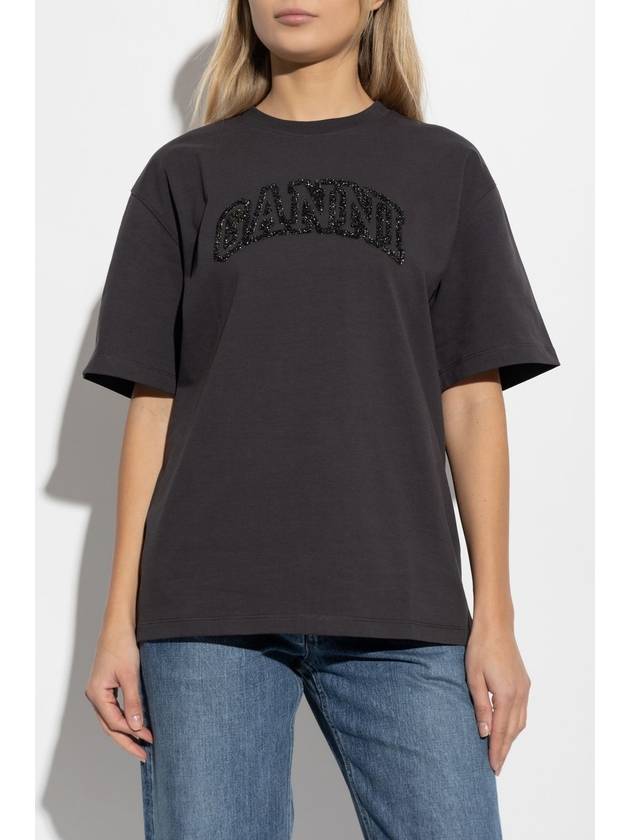 Ganni T-shirt With Logo In Lurex Thread, Women's, Grey - GANNI - BALAAN 3