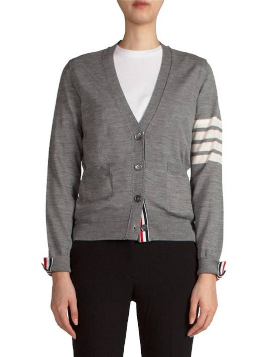 Sustainable Fine Merino Wool 4-Bar Relaxed Fit V-Neck Cardigan Light Grey - THOM BROWNE - BALAAN 2