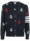 Anchor Intarsia 4-Bar V-Neck Cardigan Navy - THOM BROWNE - BALAAN 3