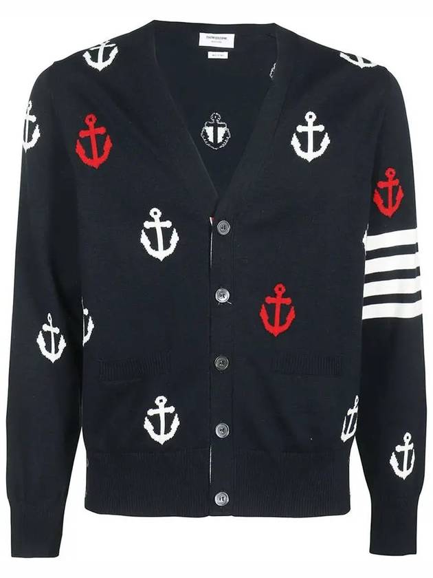 Anchor Intarsia 4-Bar V-Neck Cardigan Navy - THOM BROWNE - BALAAN 2