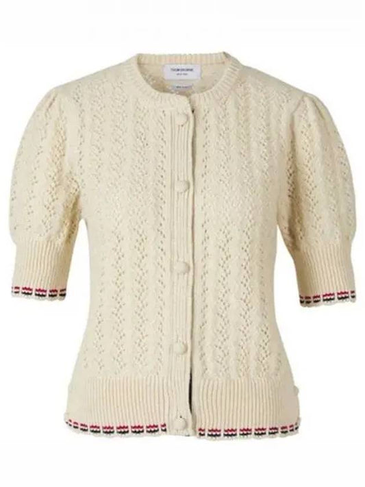 Cable Pointelle Striped Donegal Wool Short Sleeve Cardigan Cardigan White - THOM BROWNE - BALAAN 2