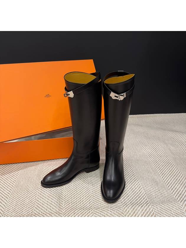 Long boots calfskin Kelly buckle silver plated black - HERMES - BALAAN 4