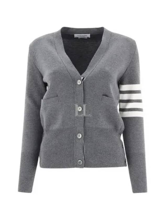 Milano Stitch 4 Bar Classic V Neck Fine Merino Wool Cardigan Medium Grey - THOM BROWNE - BALAAN 2