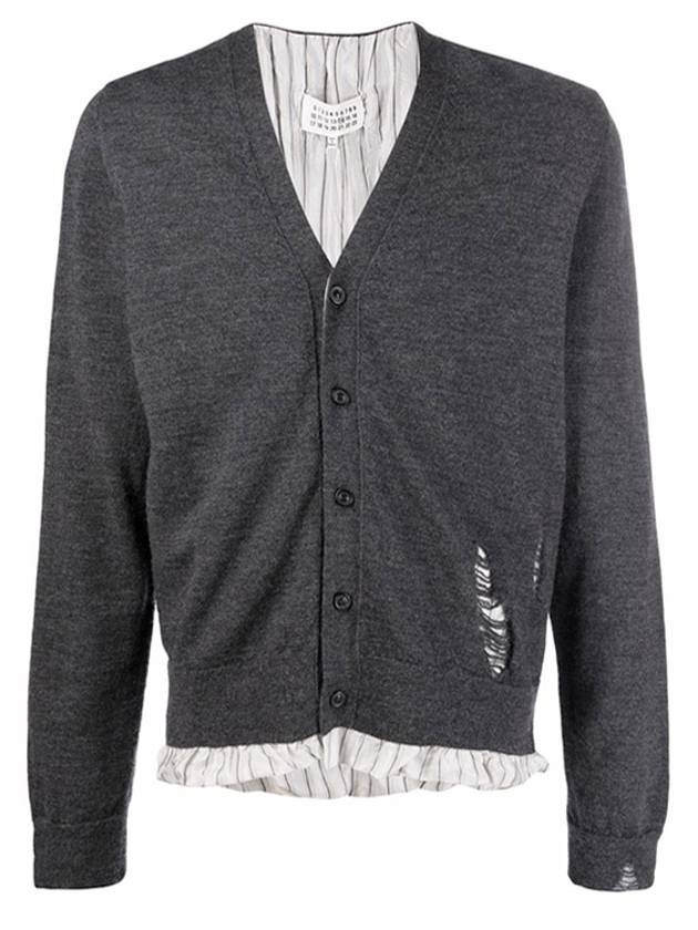 V-neck Stitched Logo Wool Cardigan Grey - MAISON MARGIELA - BALAAN 3