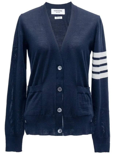 Sustainable Fine Merino Wool 4-Bar Relaxed Fit V-Neck Cardigan Navy - THOM BROWNE - BALAAN 2