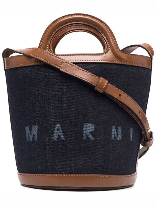 Logo Denim Leather Bucket Bag Blue - MARNI - BALAAN.