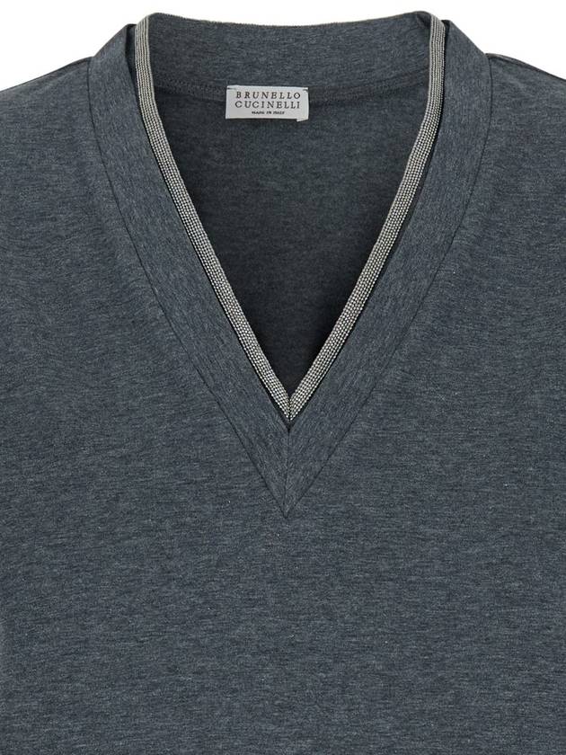 Grey V Neck T-Shirt With Monile Detail On The Neck In Cotton Woman - BRUNELLO CUCINELLI - BALAAN 3