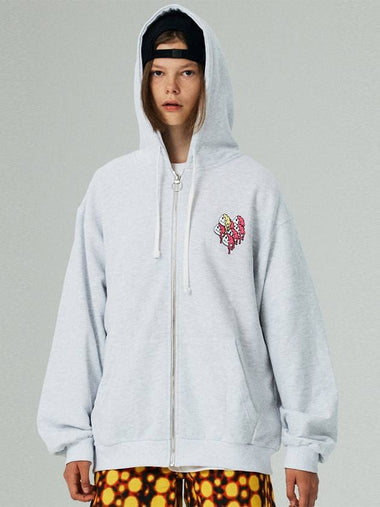 Heart Printed Zip-Up Hoodie White Melange - LMN3011 - BALAAN 1