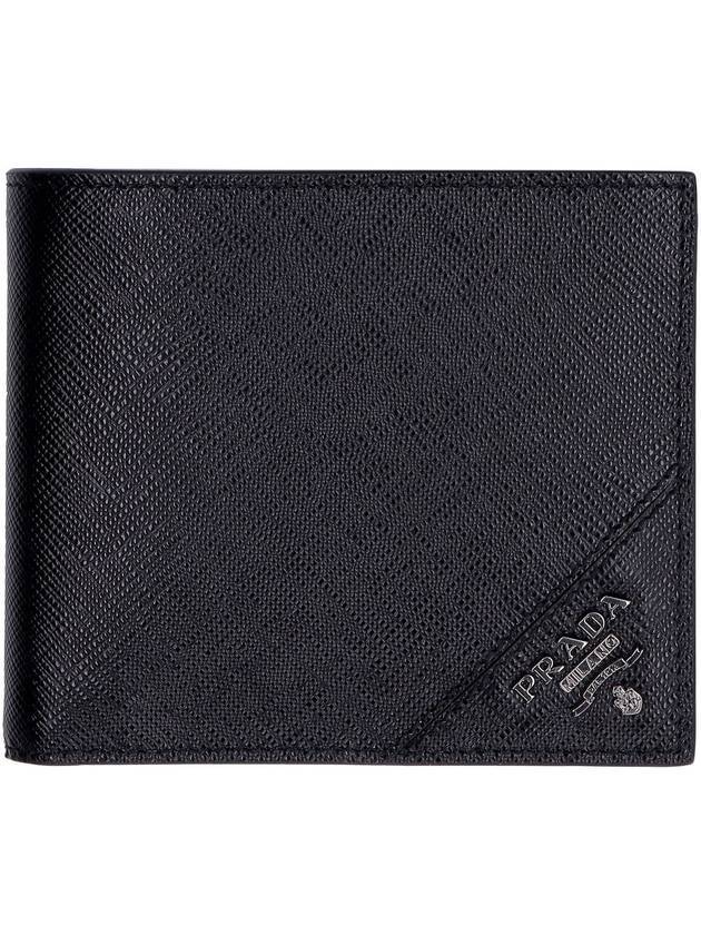 Men's Silver Hardware Logo Saffiano Half Wallet Black - PRADA - BALAAN 1