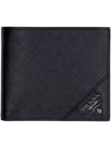 Men's Silver Hardware Logo Saffiano Half Wallet Black - PRADA - BALAAN 1