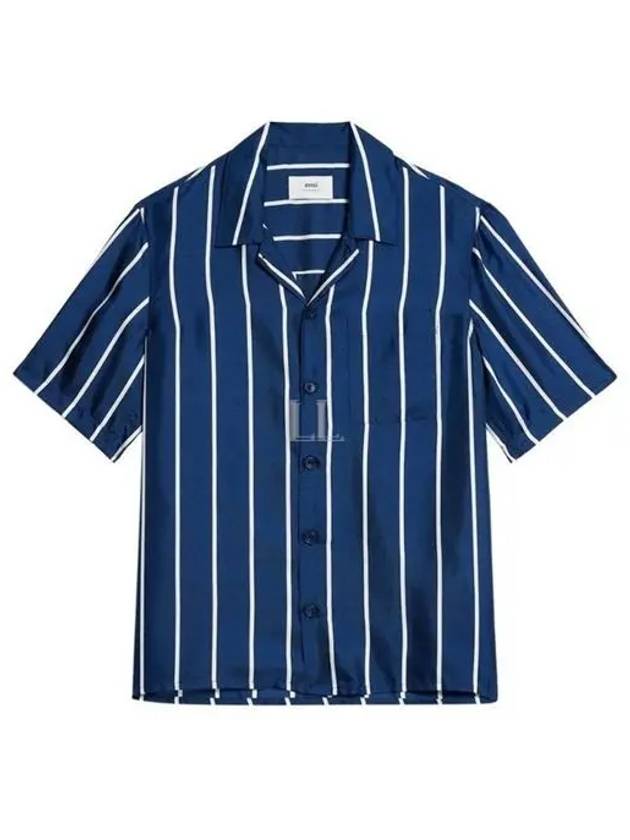 Striped Short Sleeve Shirt Nautic Blue - AMI - BALAAN 2