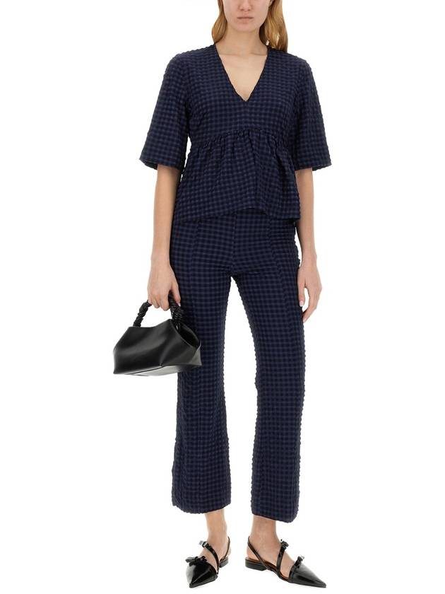 Stretch Seersucker V-Neck Peplum Blouse Navy - GANNI - BALAAN 3